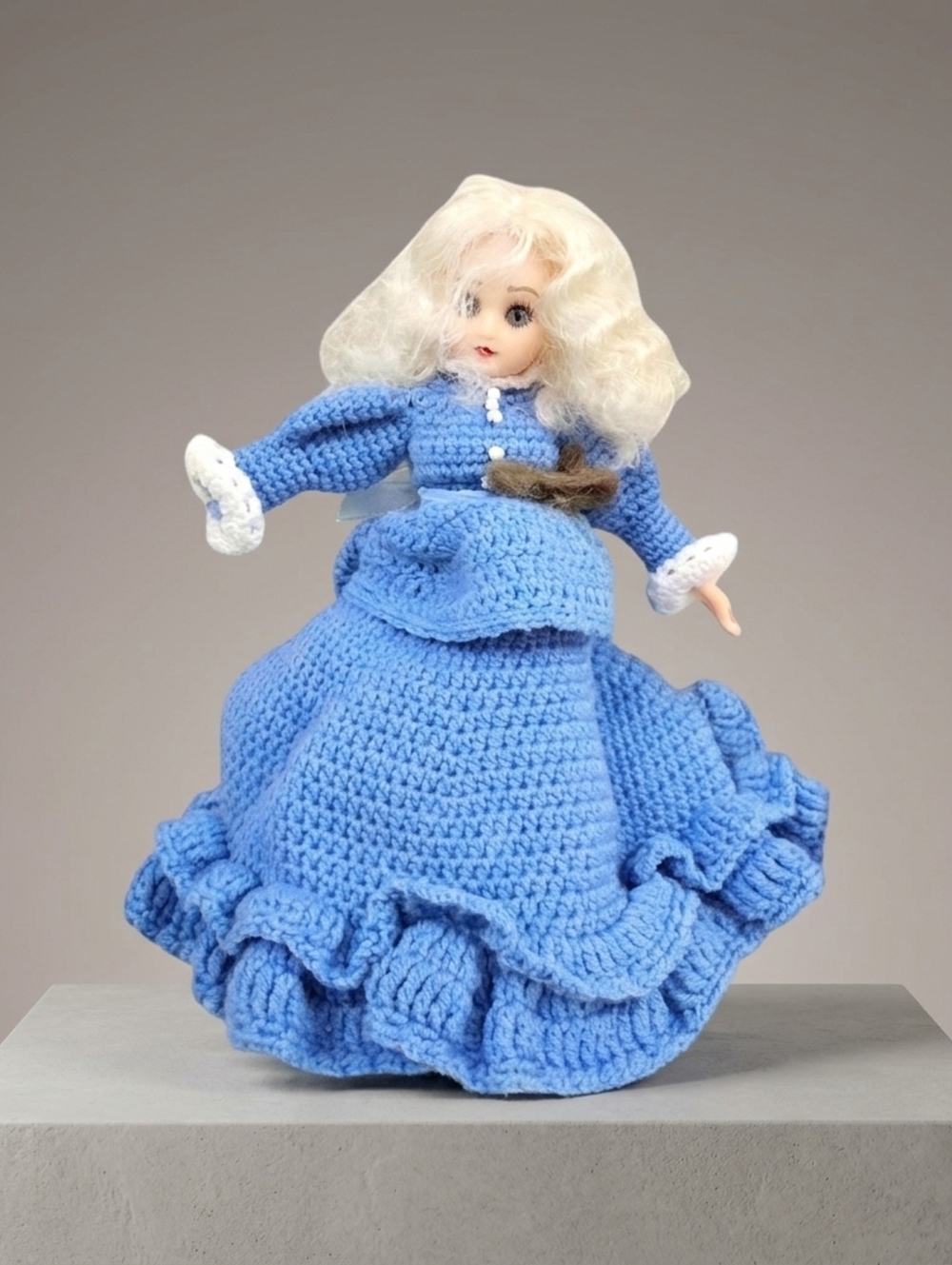 Blonde Doll with Blue Crocheted Ruffle Gown, 11–12 in